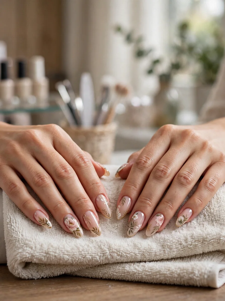 Uñas acrílicas con diseño a mano alzada