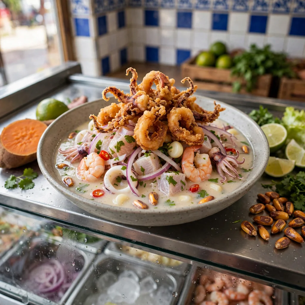 Ceviche mixto con chicharrón de pota