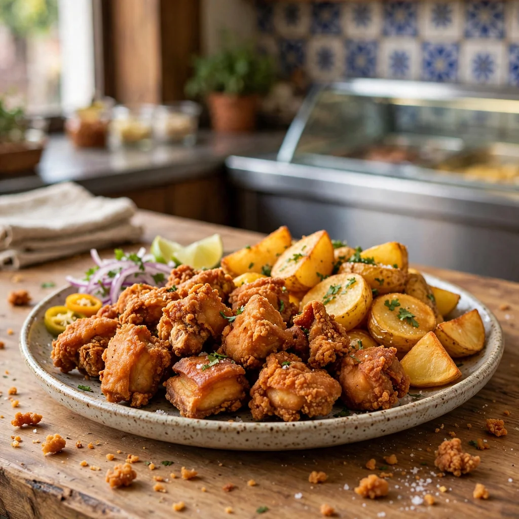 Chicharrón de pollo crujiente con papas doradas