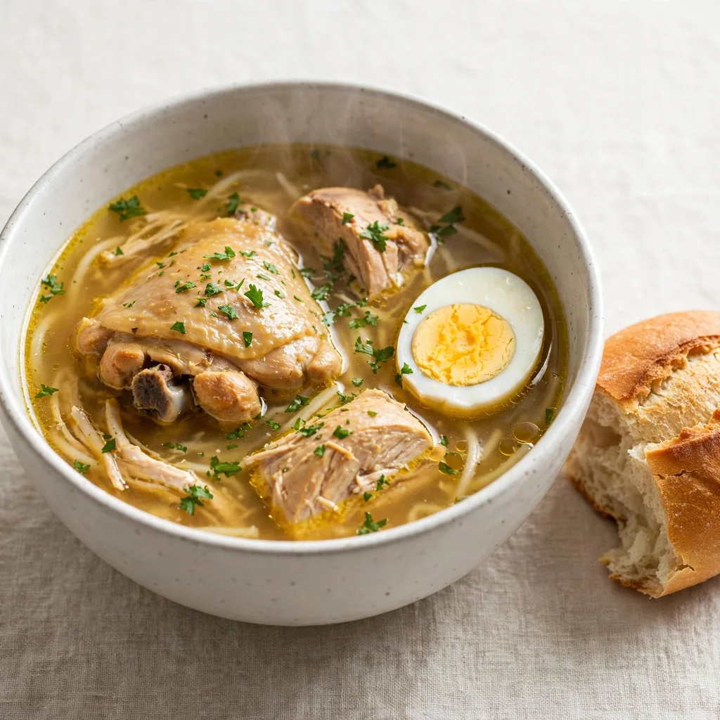 Caldo de gallina con presas, huevo y pan