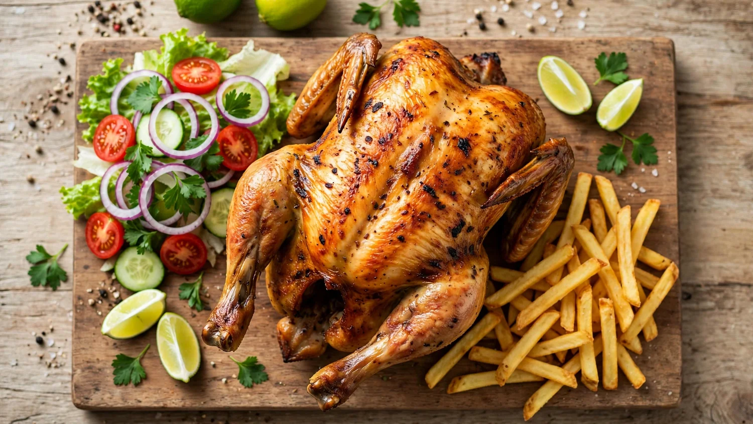 Pollo a la brasa entero con papas y ensalada