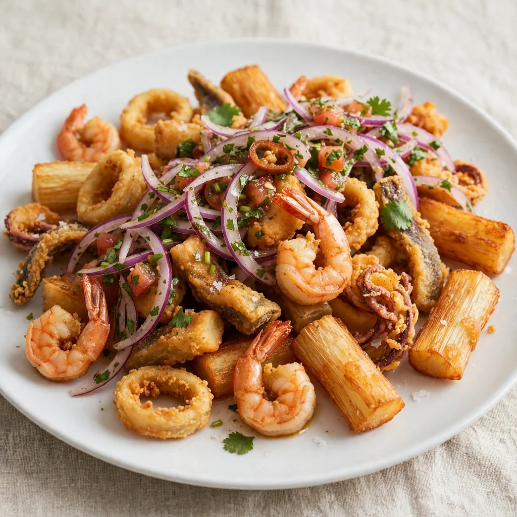 Jalea mixta de mariscos con yuca y salsa criolla