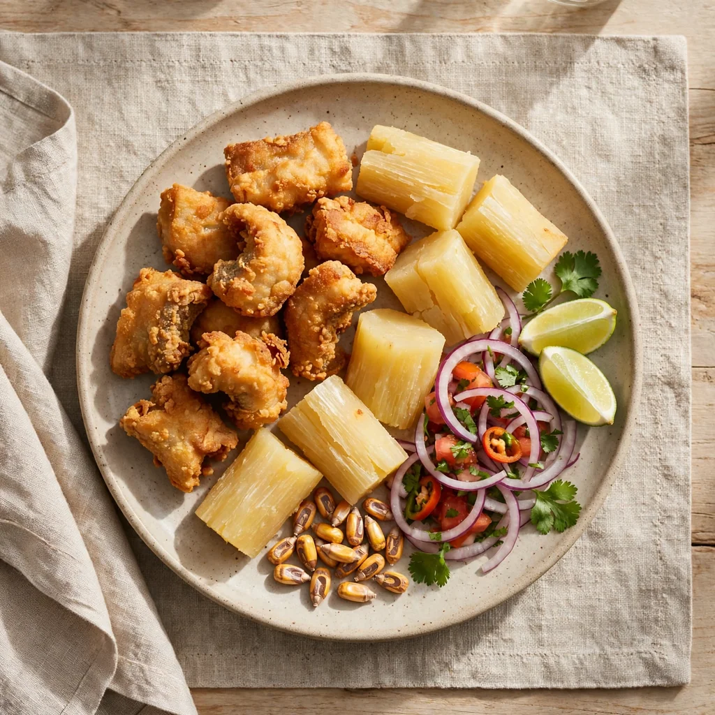 Chicharrón de pescado con yuca y salsa criolla