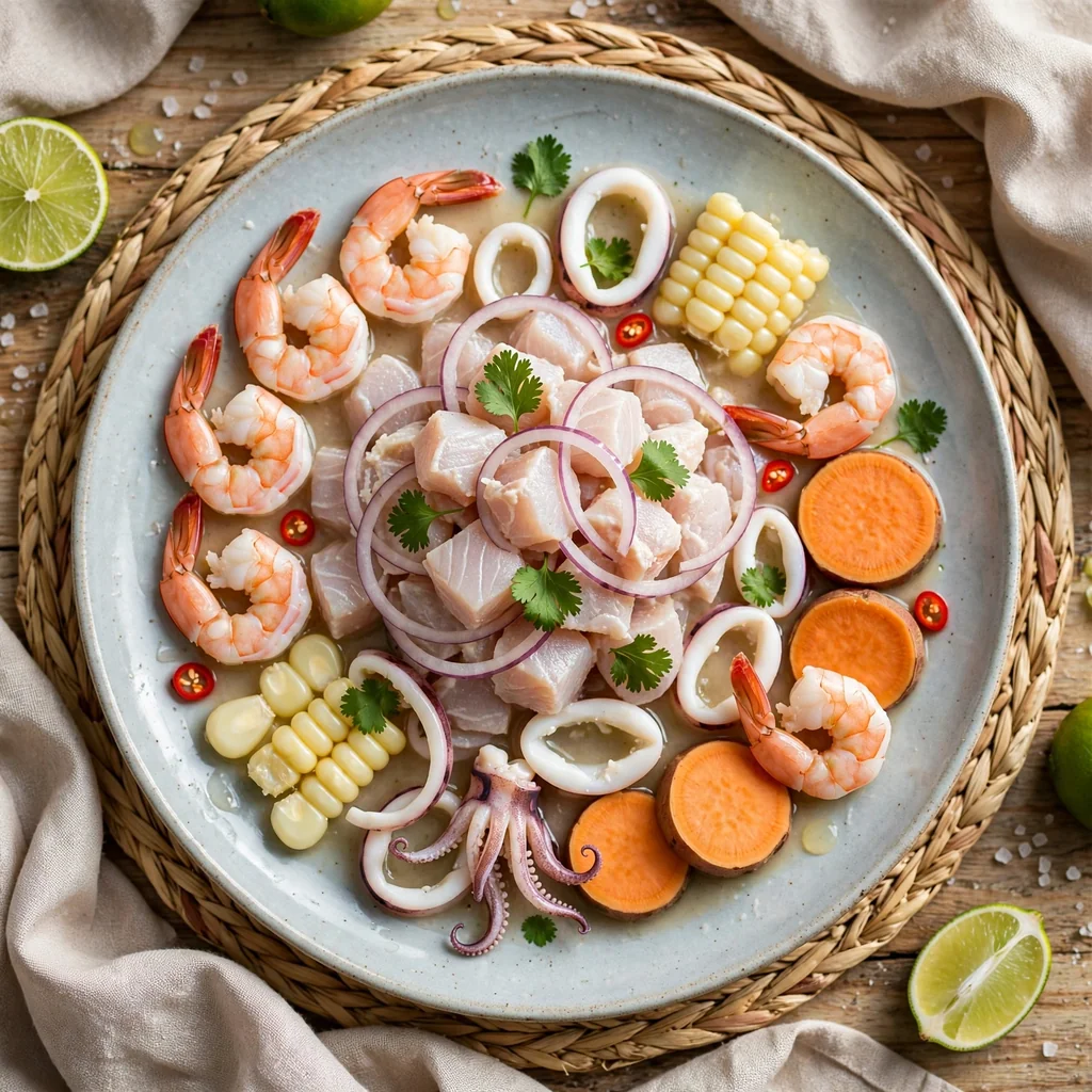 Ceviche mixto con pescado, langostinos y calamares