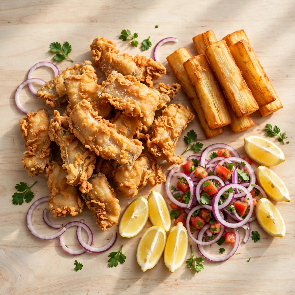 Jalea de pescado con yuca frita