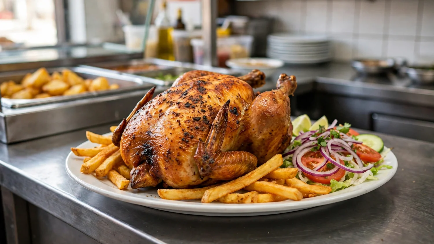 Pollo entero a la brasa con papas y ensalada