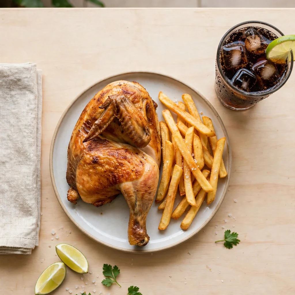 1/4 de pollo con papas y gaseosa personal