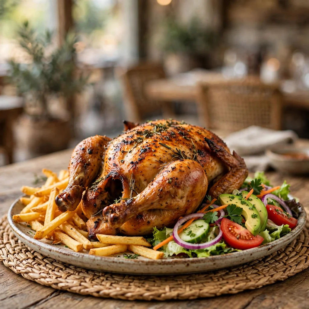 Pollo entero a la brasa con papas y ensalada de la granja
