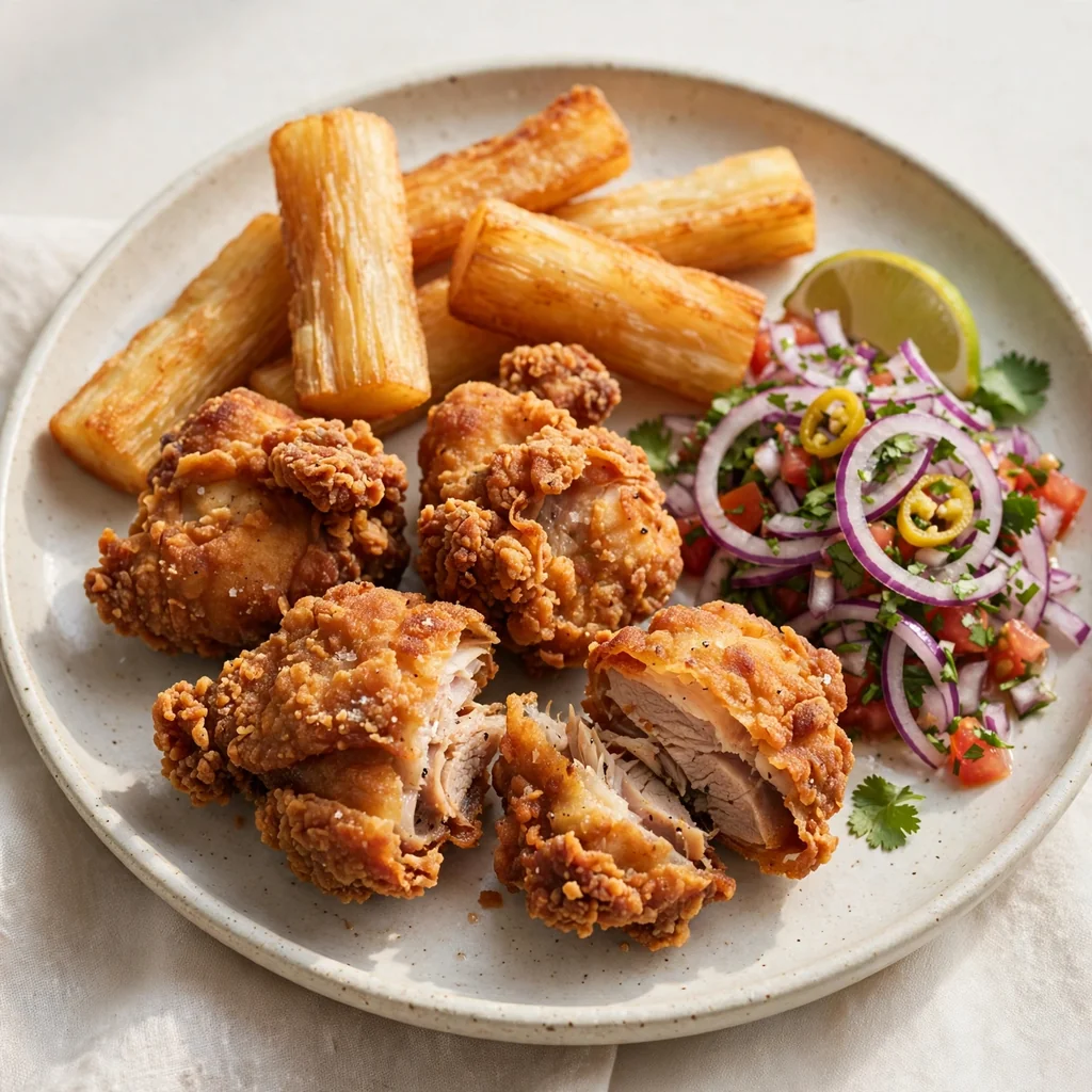 Chicharrón de pollo con yuca y salsa criolla