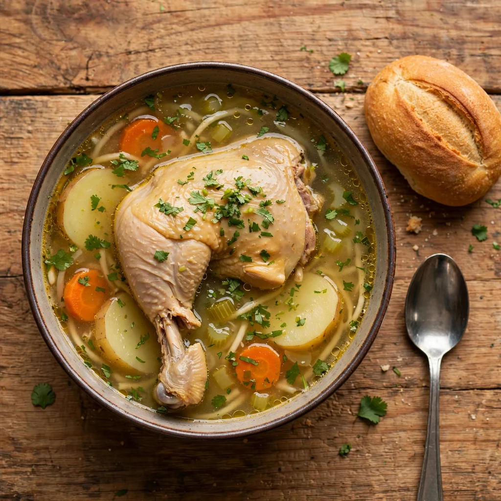 Caldo de gallina con presa y pan