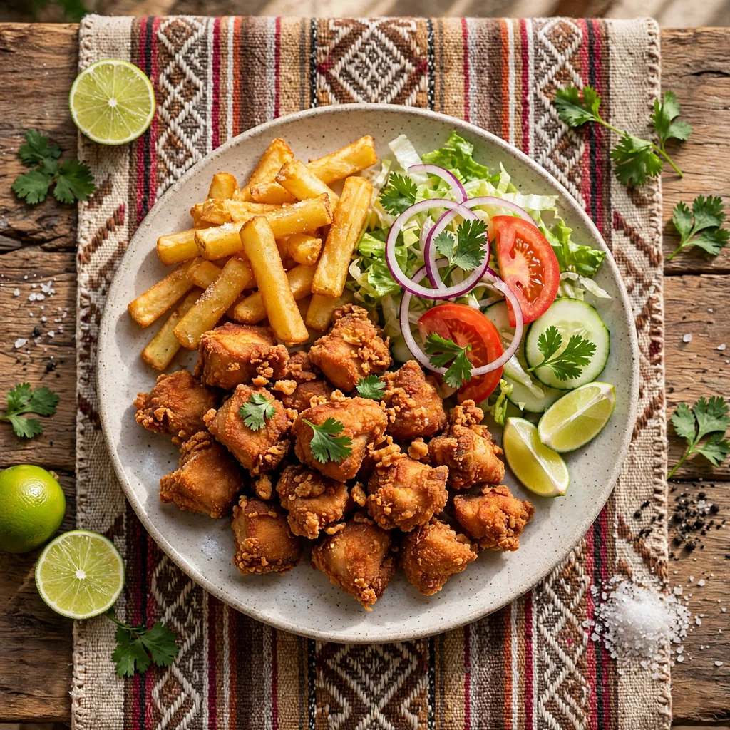 Chicharrón de pollo con papas y ensalada