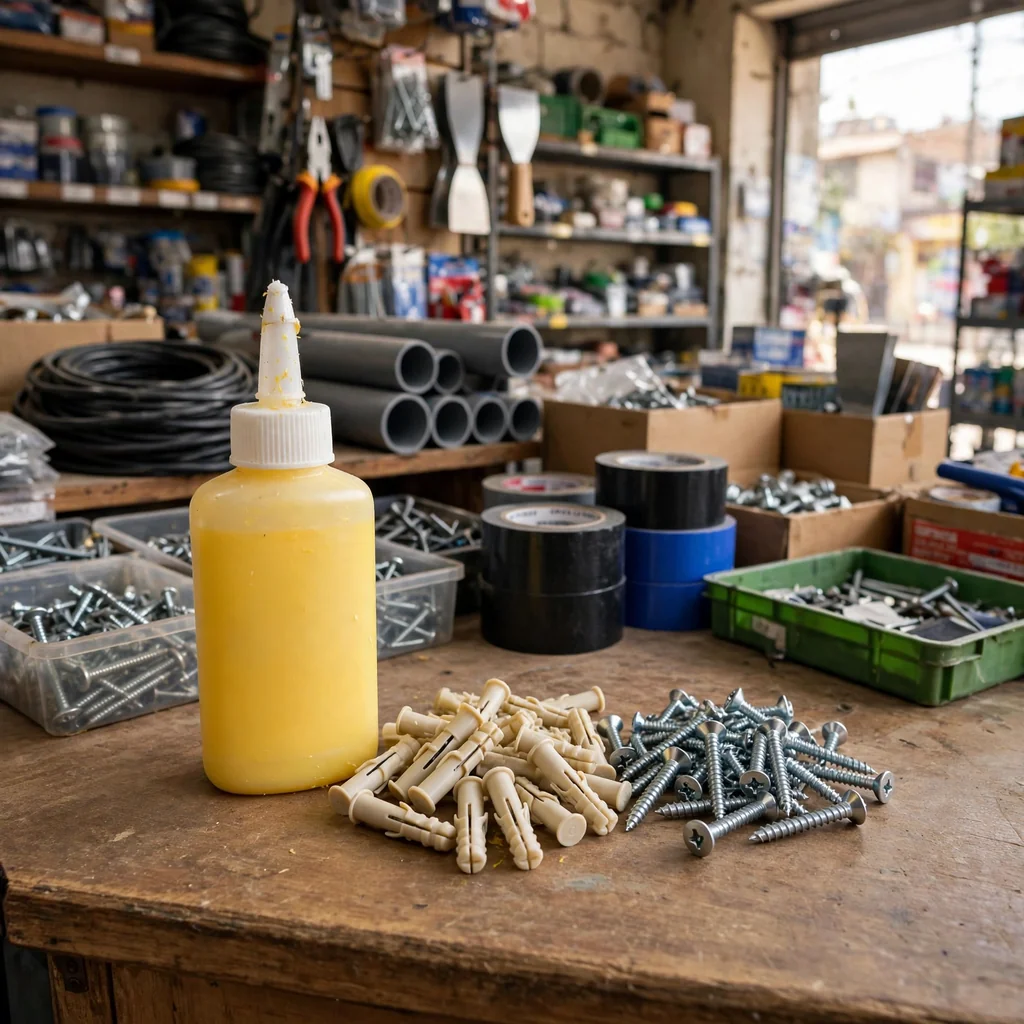 Kit de reparación: pegamento, tarugos y tornillos