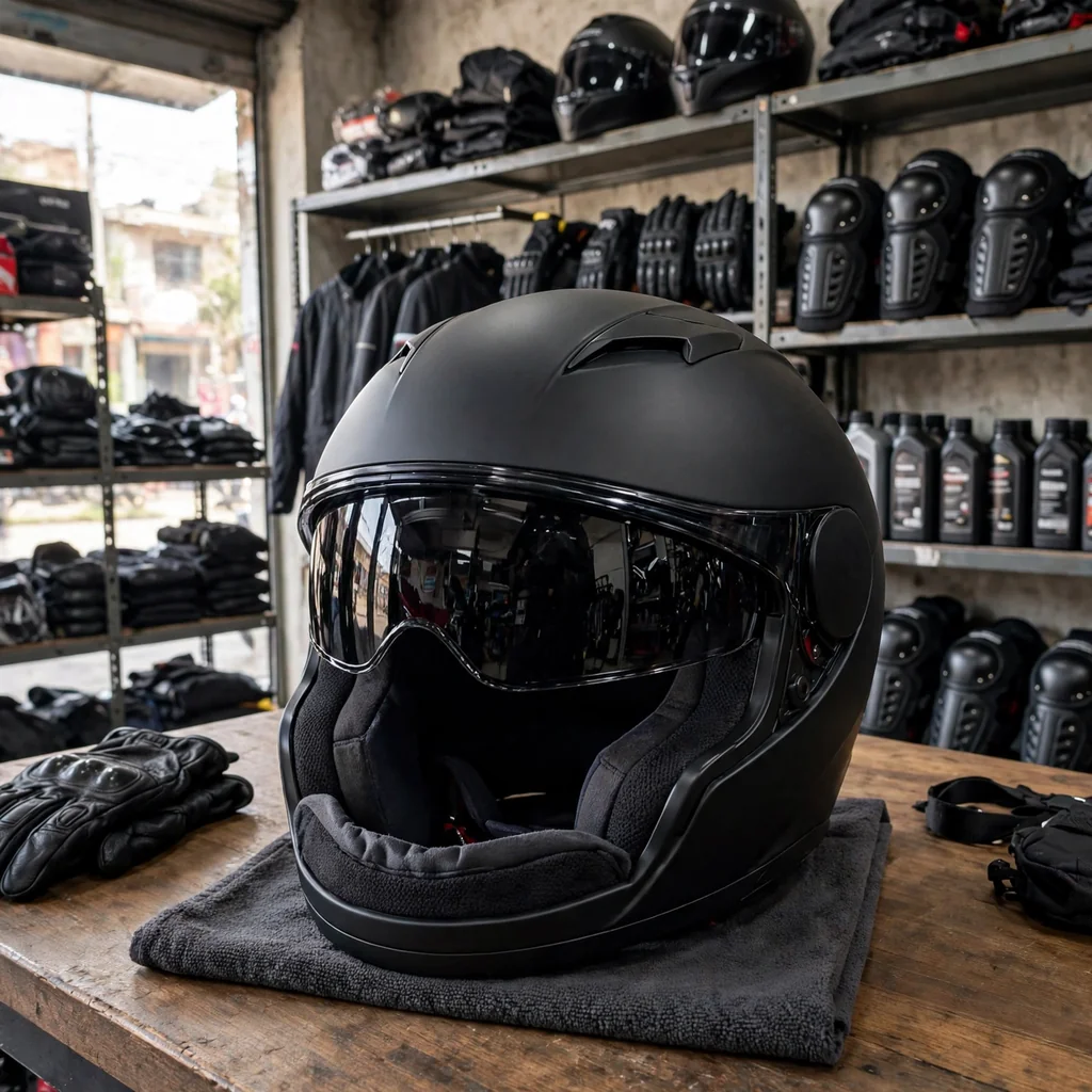 Casco certificado con visor oscuro y acolchado lavable