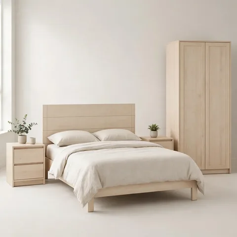 Dormitorio completo de melamina: cama, veladores y ropero