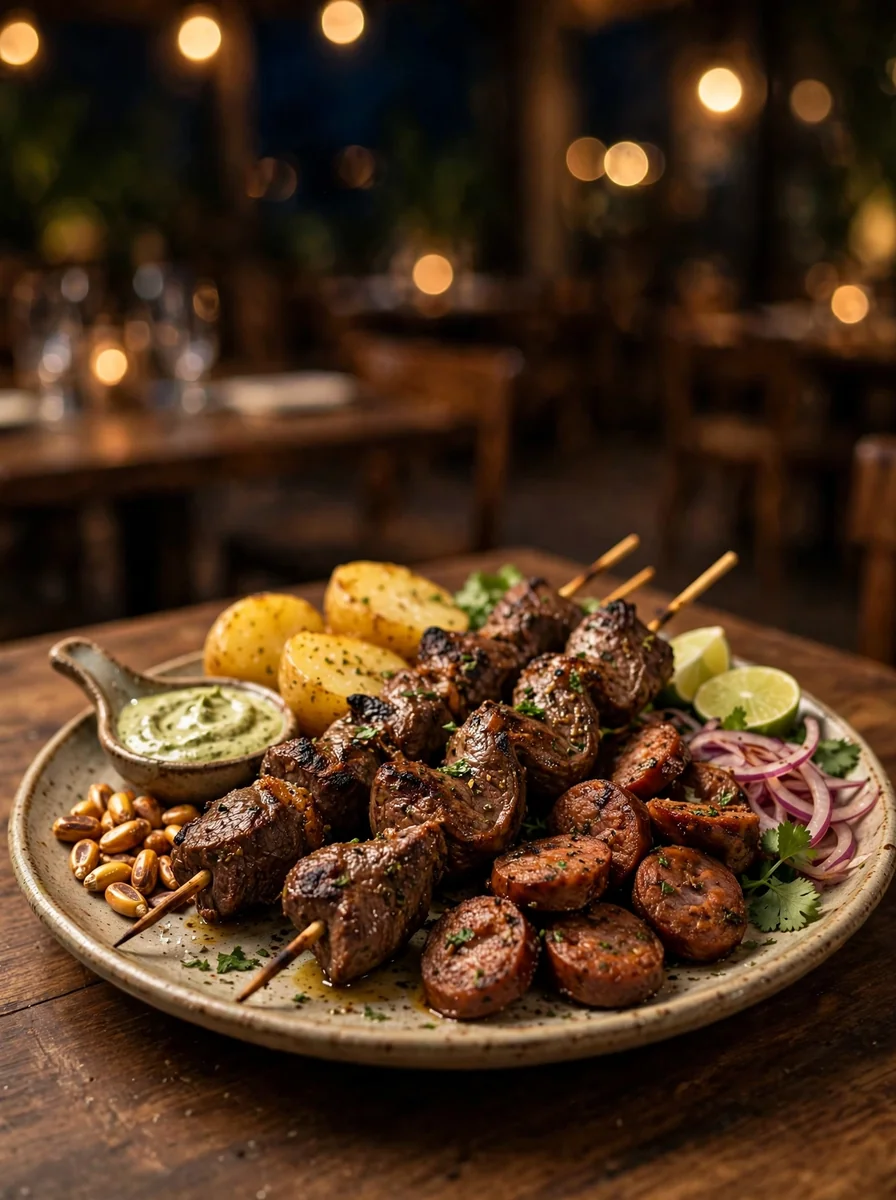 Piqueo de anticuchos y chorizos parrilleros