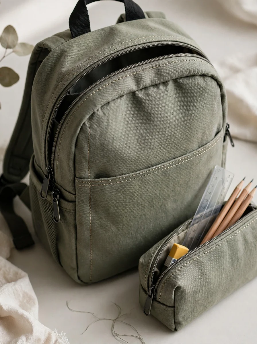 Mochila con estuche y revisión de costuras