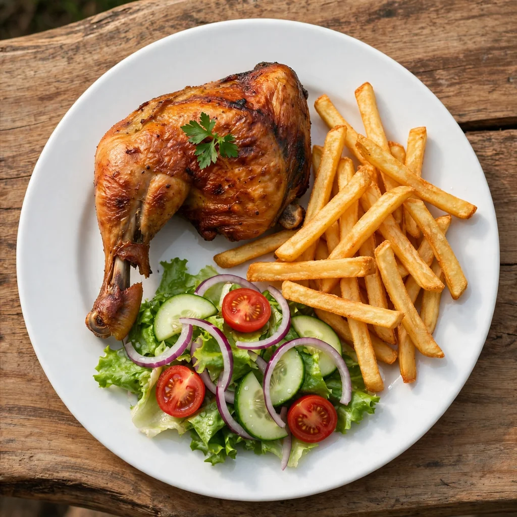 Pollo a la brasa con papas y ensalada (1/4)