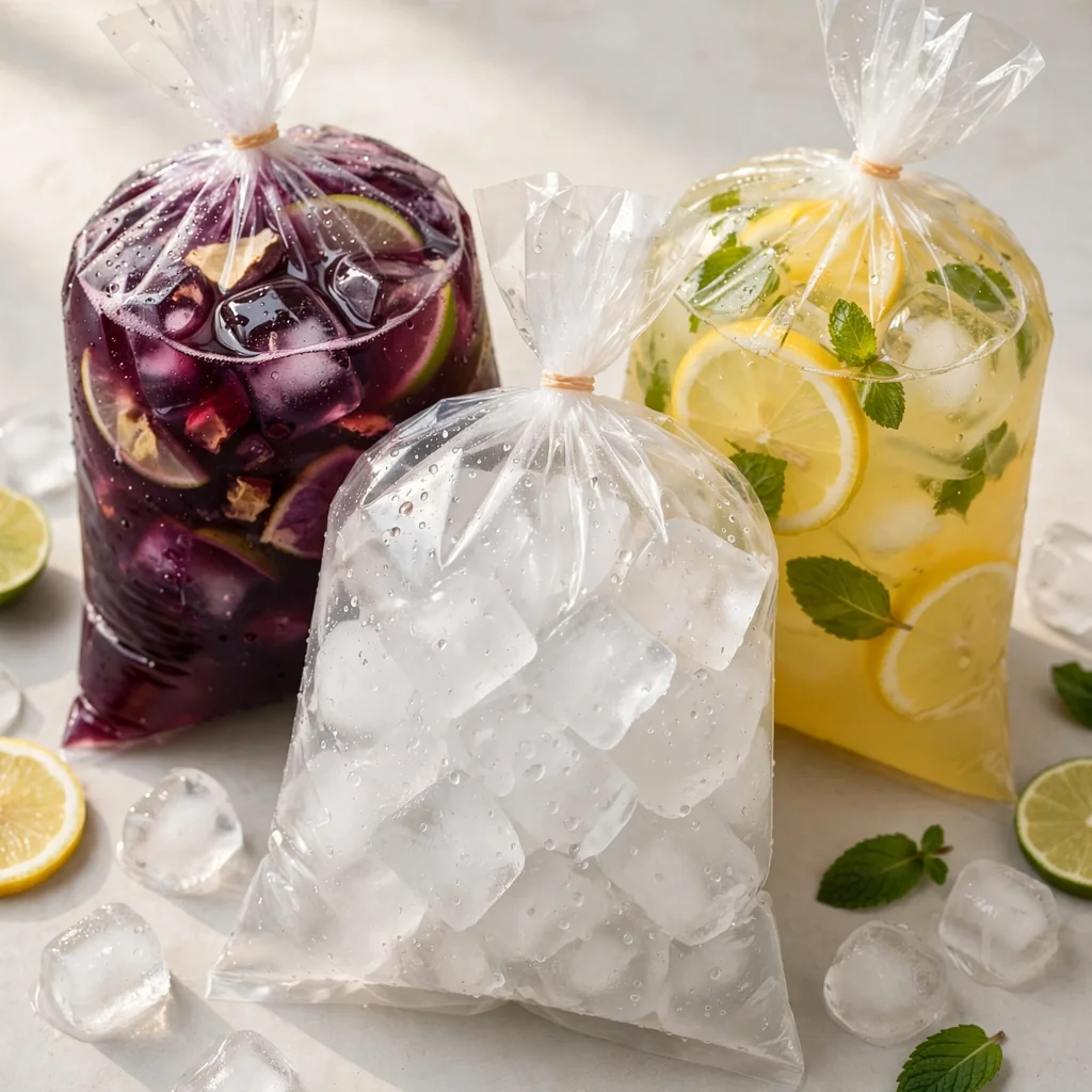 Bolsas de hielo y bebidas heladas para llevar