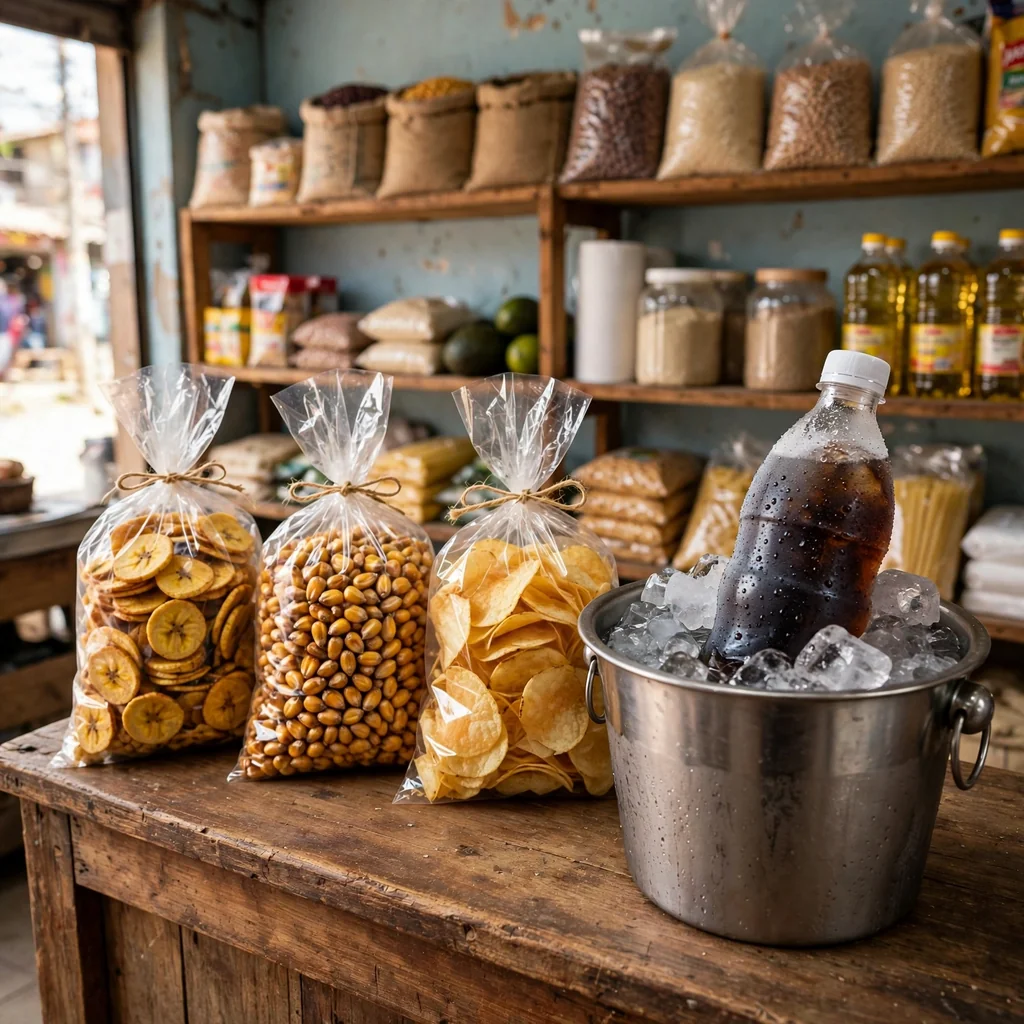 Combo de snacks con bebida helada