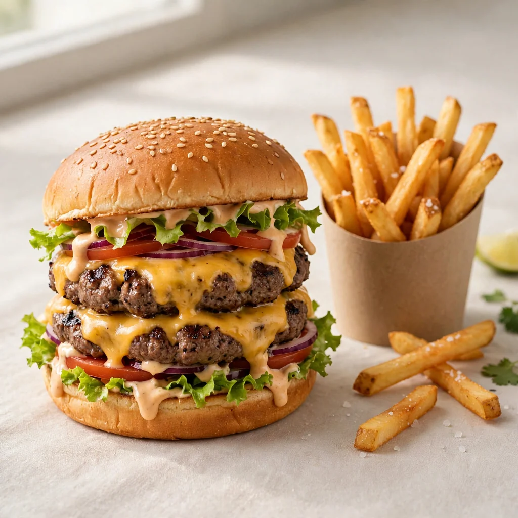 Hamburguesa doble con papas fritas