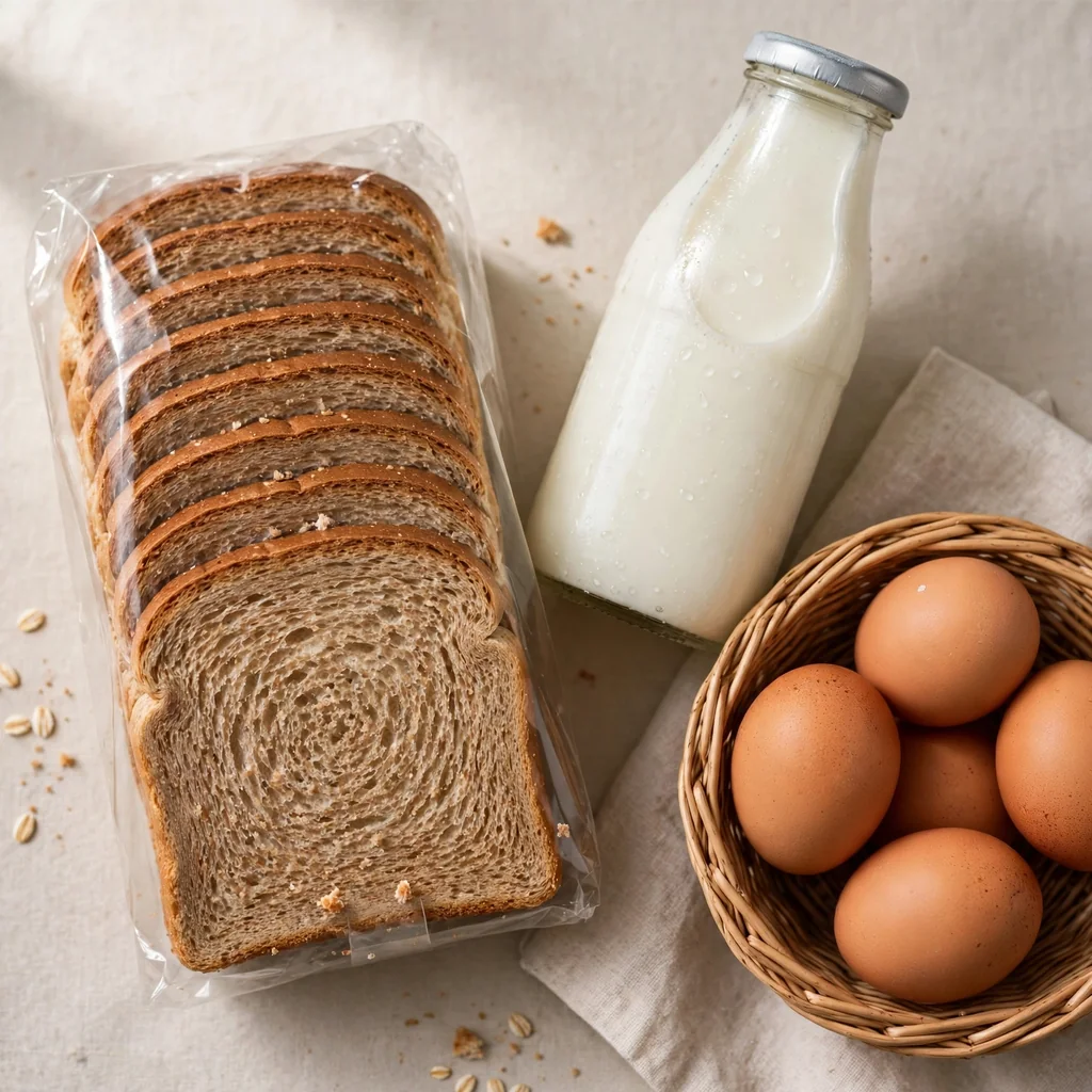 Combo del desayuno (leche, huevos y pan)
