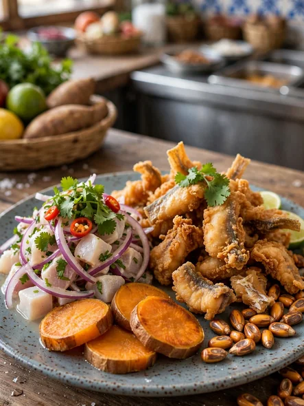 Combinado con ceviche y chicharrón