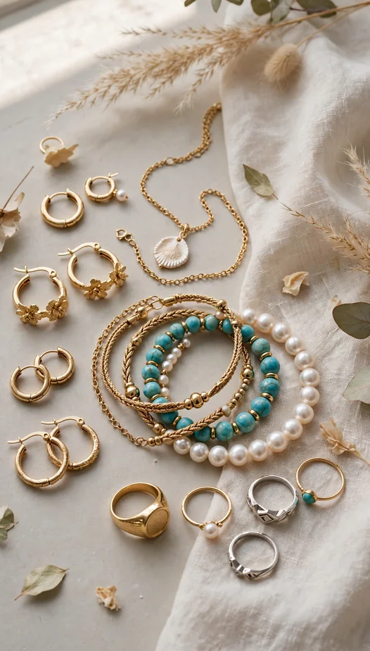 Aretes, pulseras, collares y anillos