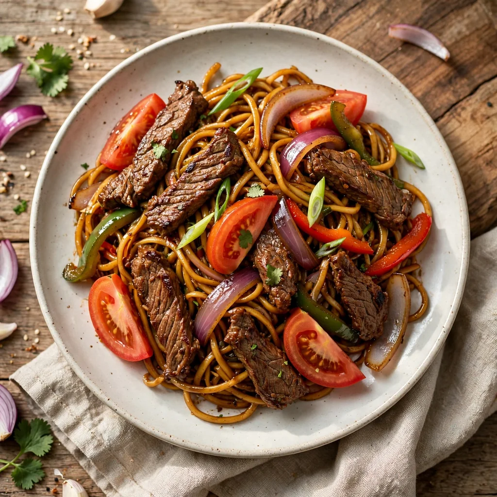 Tallarín saltado de carne