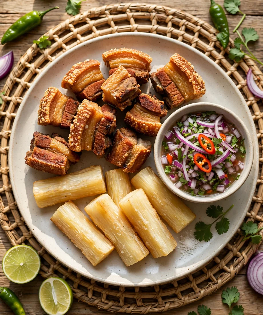 Chicharrón de cerdo dorado con yuca y salsa criolla