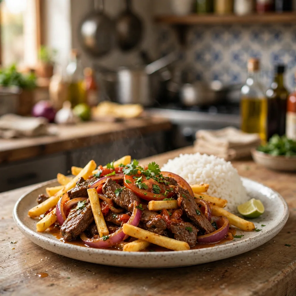 Lomo saltado clásico con papas fritas y arroz blanco
