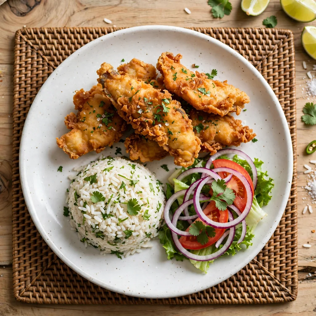 Pescado frito con guarnición