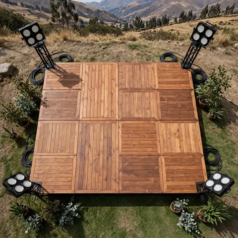 Alquiler de estructura de escenario con iluminación básica para eventos