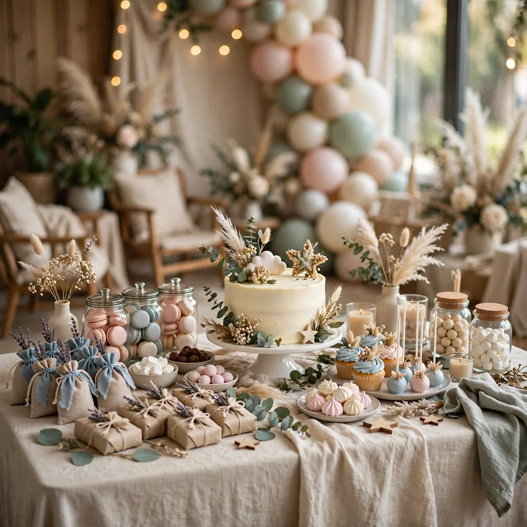 Paquete de decoración para baby shower con mesa de dulces
