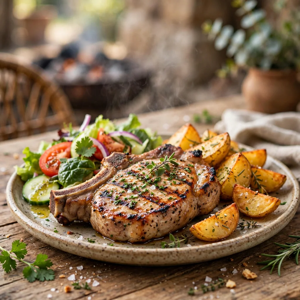 Chuleta a la parrilla con guarnición