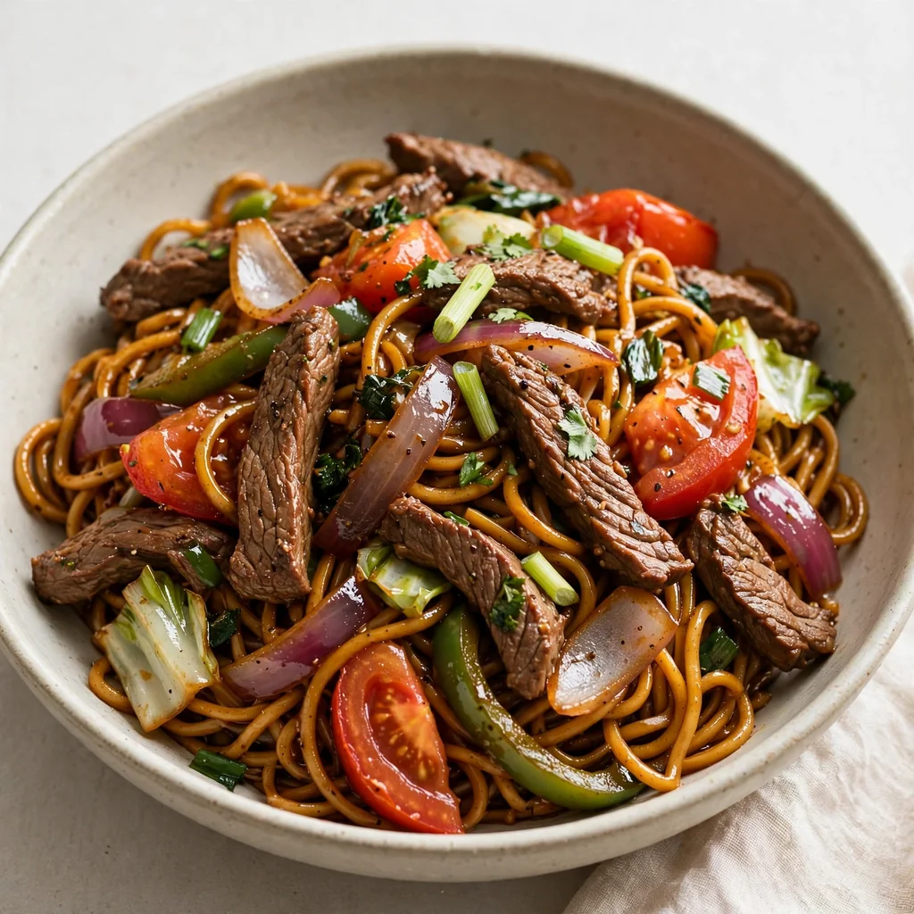 Tallarín saltado con carne