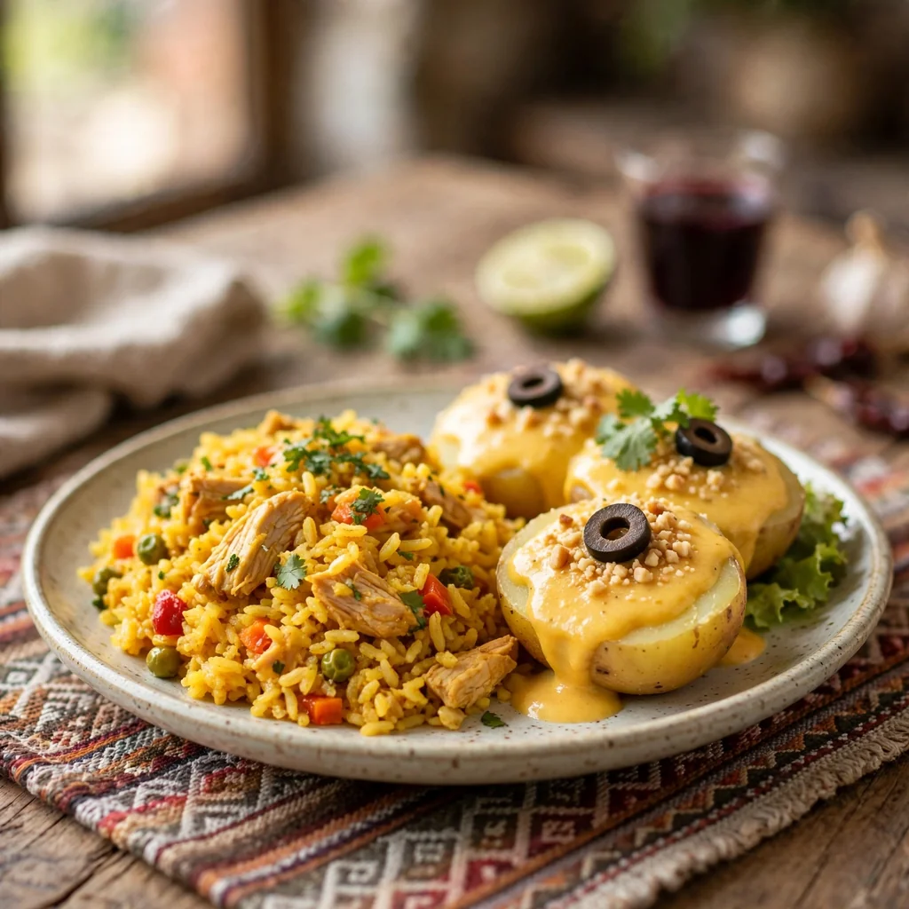 Arroz con pollo con papa a la huancaína