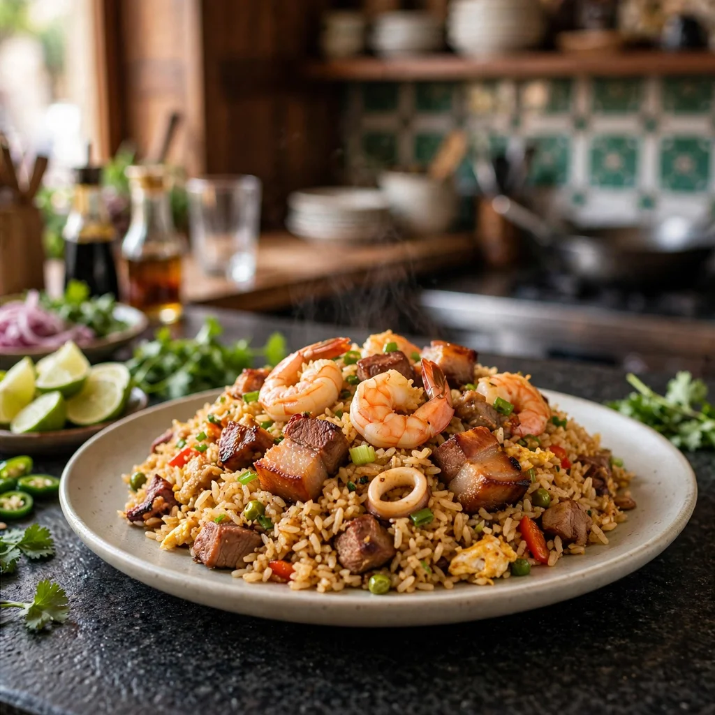Arroz chaufa especial con mariscos y cerdo