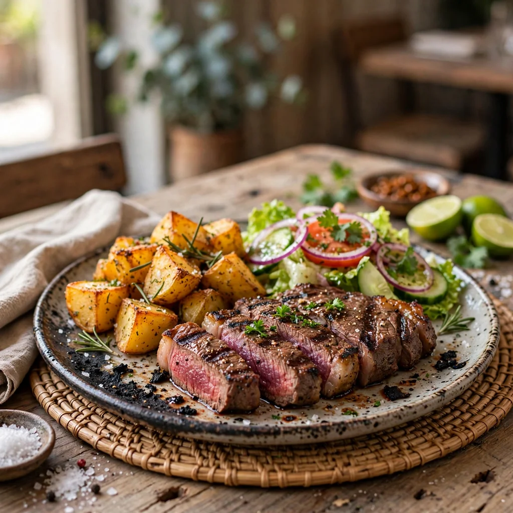 Bife a la parrilla con papas