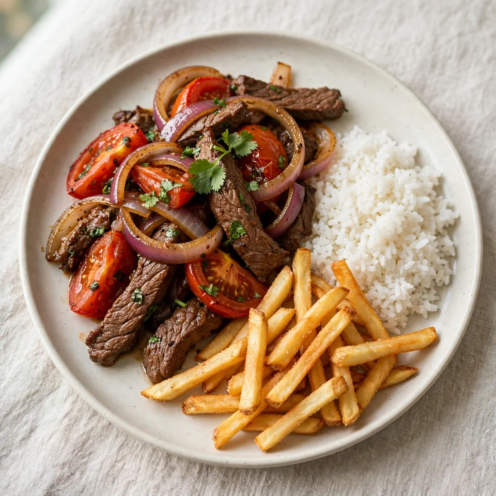 Lomo saltado beef con arroz y papas fritas