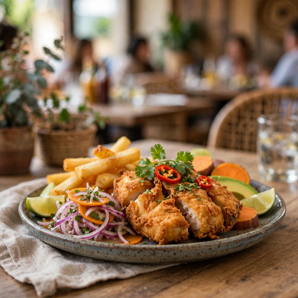 Pescado frito con guarnición de arroz