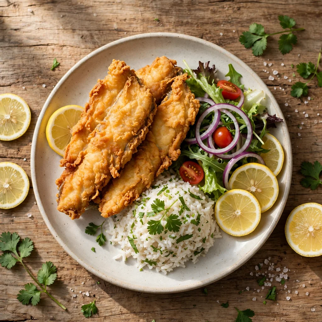 Pescado frito con guarnición