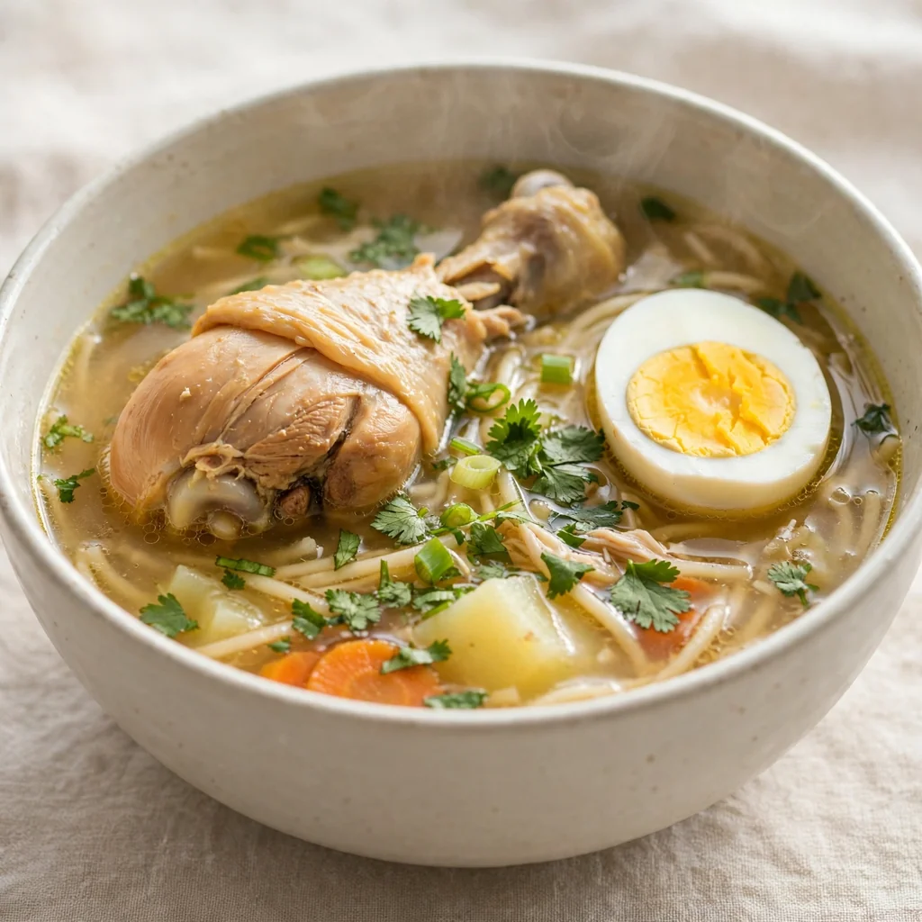 Caldo de gallina criolla con huevo