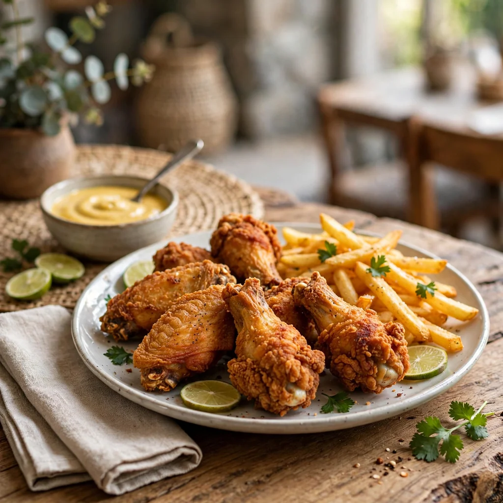 Alitas broaster con papas para el almuerzo