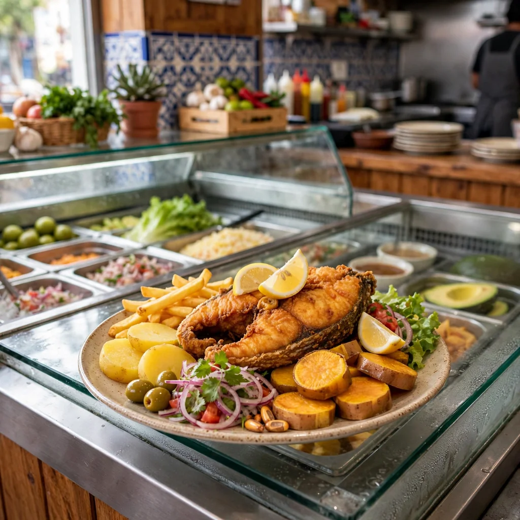 Pescado frito con guarnición completa