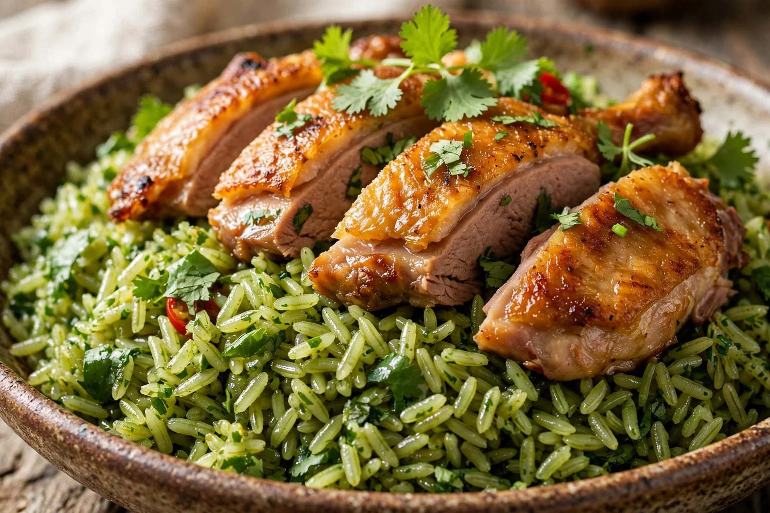 Arroz con pato y culantro fresco