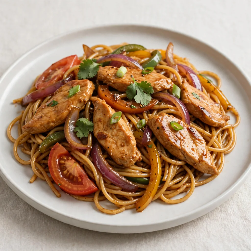 Tallarín saltado de pollo fresco
