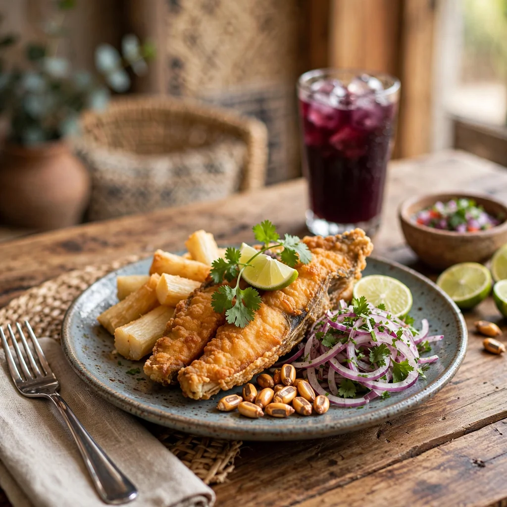 Pescado frito con su guarnición
