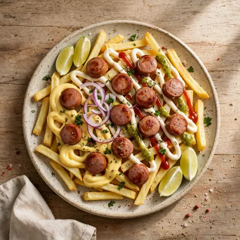 Salchipapa clasica con papas y cremas