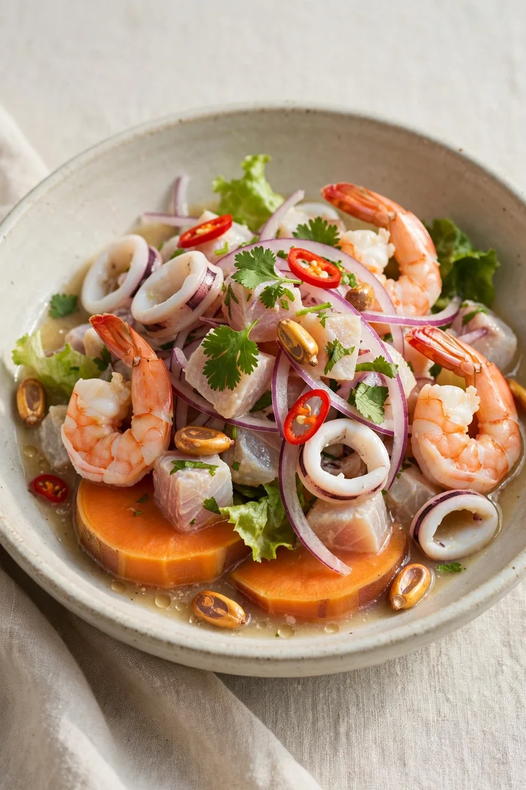 Ceviche mixto de pescado y mariscos
