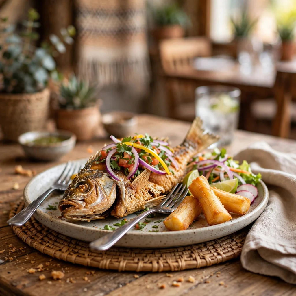 Pescado frito con guarnición
